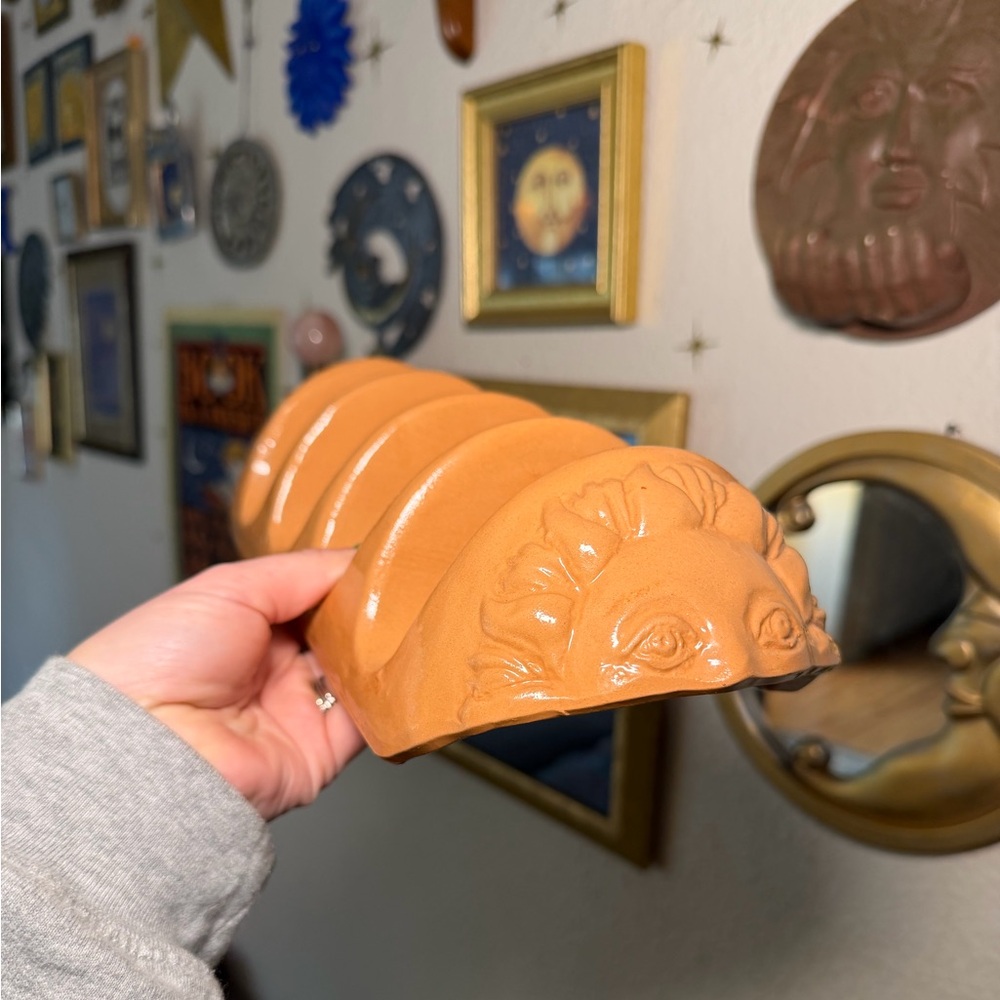 Vintage Sun Face Terracotta Clay Taco Holder